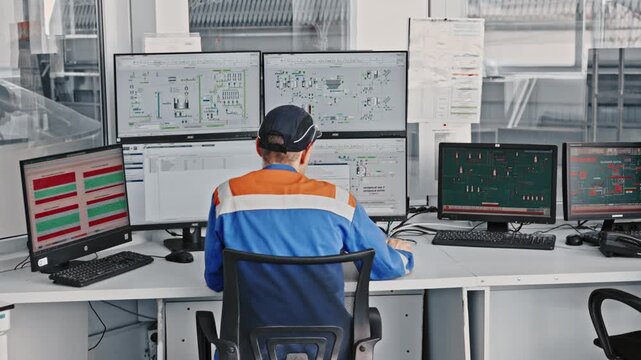 Male industrial engineer sitting at a desk with multiple monitors, supervising a complex production process and analyzing data on screens inside a modern factory control center