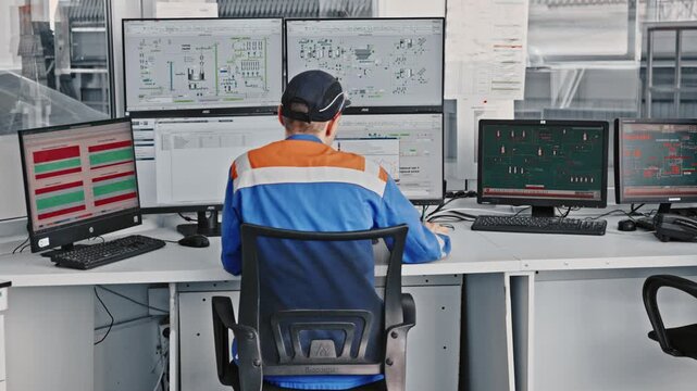 Professional male operator working on a computer in a modern factory system control room, managing industrial equipment and processes on multiple screens with diagrams and data