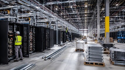 Fototapeta premium Hyperscale Data Center Infrastructure Deployment with Enterprise Server Installation, Cloud Computing Expansion, Artificial Intelligence Operations and Digital Technology Development Concept