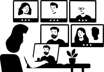 Fototapeta premium Back view of female employee participating in a online business meeting on multiple screens, virtual event, vector illustration