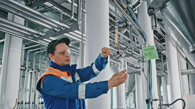 Industrial brewery worker in a uniform and safety glasses taking a sample of craft beer from a large stainless steel tank to check the quality of the beverage during the manufacturing process