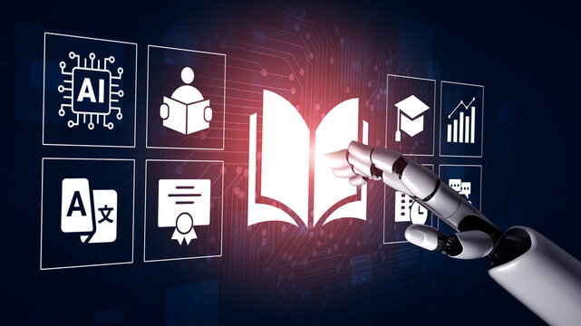 A futuristic robot hand reaches towards digital symbols representing education and artificial intelligence, highlighting the intersection of technology and learning in modern society. Ledger