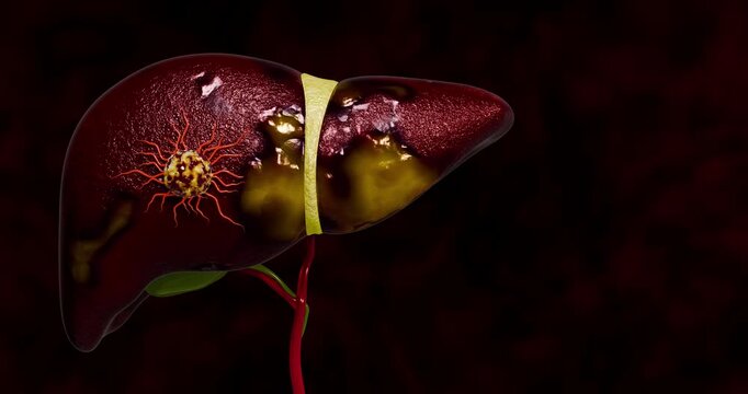 Progression from Healthy Liver to Fatty Liver and Liver Cancer Showing Tumor Growth, Angiogenesis, Cellular Invasion, and Disease Development from Metabolic Disorders 3D Rendering
