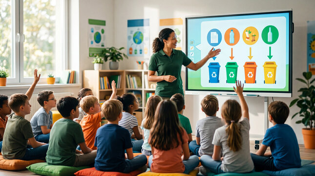 Woman teacher teaching children about waste sorting and recycling in classroom. Lesson on environmental ecology and sustainability. Educational science concept for earth day awareness