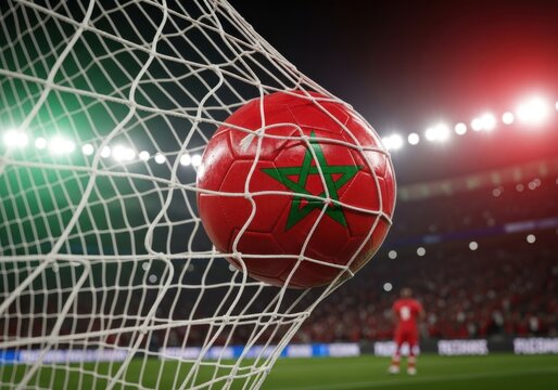 Soccer ball with moroccan flag design inside a goal net