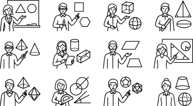 Set of geometry teachers and students showing various geometric shapes and mathematical concepts.