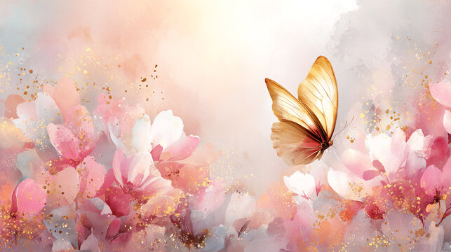 watercolor botanical butterfly and Carnation flowers texture template background.Elegant wedding invitation card background . Minimal hand painted Design for wedding or Valentine's Day 