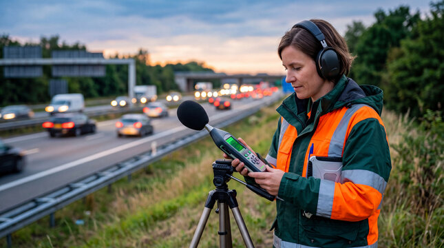 Woman scientist using sound level meter to measure noise pollution near highway. Environmental inspector monitoring acoustic impact of traffic. Ecology research and urban noise control