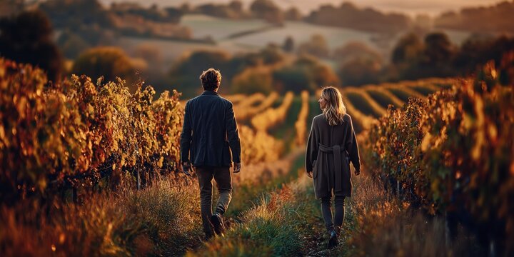 Romantic vineyard walk at sunset with couple for travel lifestyle marketing.
