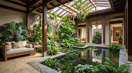 Fototapeta premium Tropical garden with wooden house surrounded by trees, plants and flowers