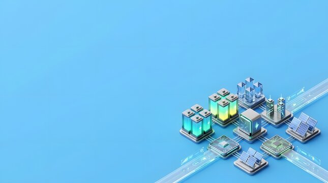 Digital grid connecting renewable energy sources, batteries, and smart city infrastructure.