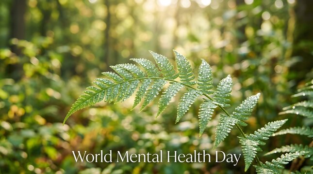 World mental health day awareness with dewy fern leaves