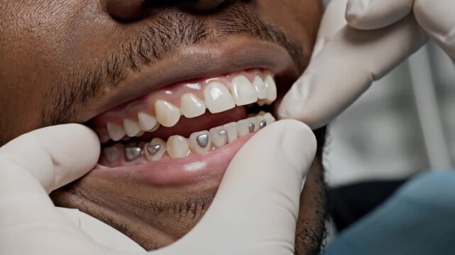 Dentist checking dark-skinned man's teeth with custom metallic caps