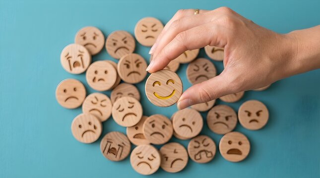 Hand selecting a happy wooden emoji from a pile of various expressions