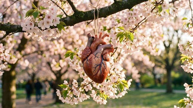 Anatomical heart ornament hanging from cherry blossom tree