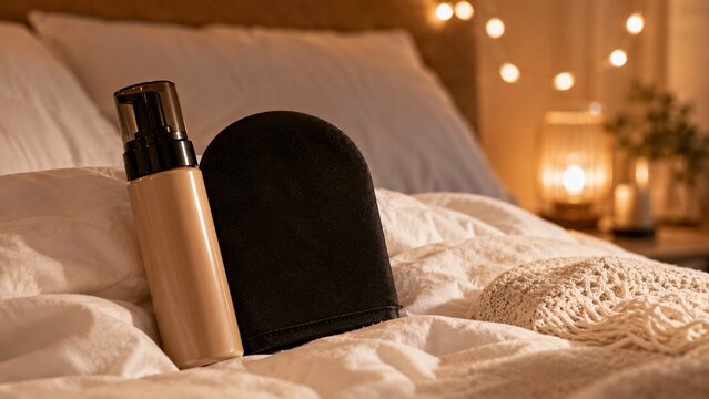 Blank self-tanning lotion bottle and a black application mitt resting on a cozy white bed comforter at night