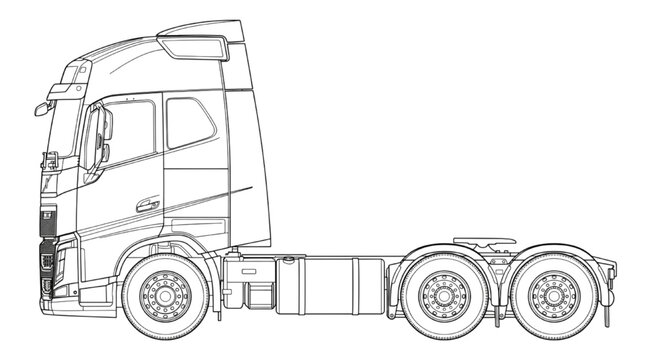 Detailed Technical CAD Drawing of a Heavy Duty Semi Truck Tractor Unit Side View Outline
