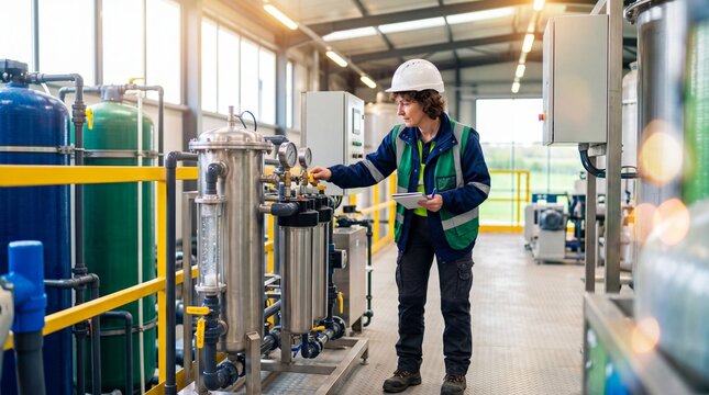 Woman engineer monitoring water treatment plant equipment. Professional technician checking environmental filtration system. Industrial technology for clean resource management and sustainability