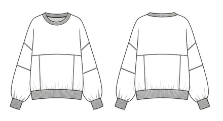Oversized sweatshirt technical CAD drawing showcasing front and back views with dropped shoulders and ribbed trims for apparel design © Rishi