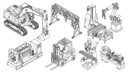 Naklejka premium Comprehensive Isometric CAD Collection Featuring Heavy Industrial Machinery and Specialized Automated Manufacturing Equipment