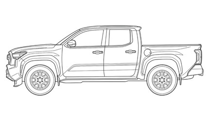 Fototapeta premium Modern four door pickup truck cargo vehicle side profile technical CAD drawing for automotive blue print and transport engineering projects