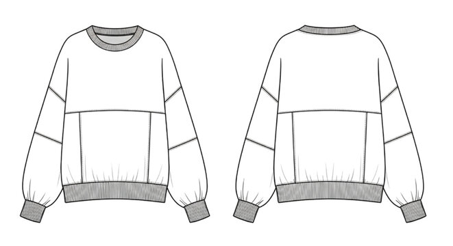 Oversized sweatshirt technical CAD drawing showcasing front and back views with dropped shoulders and ribbed trims for apparel design