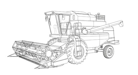 Combine Harvester Agriculture Machine Technical CAD Wireframe Blueprint Illustration on White Background © Rishi
