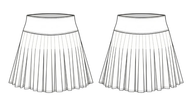 CAD drawing of a pleated skort, a fashion design technical sketch for apparel creation