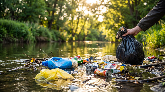Man cleaning plastic waste from river water. Volunteer collecting garbage in nature to protect environment. Saving ecology and cleaning polluted stream of trash and metal can bottles
