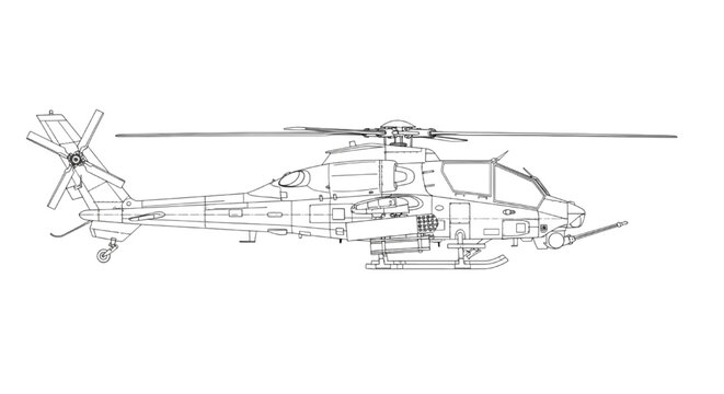 Military attack helicopter blueprint technical drawing CAD vector illustration