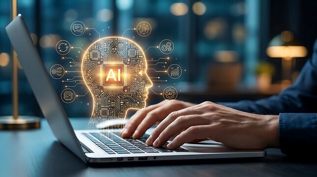 Hands typing on laptop with glowing AI head circuit board, symbolizing machine learning and digital intelligence integration.