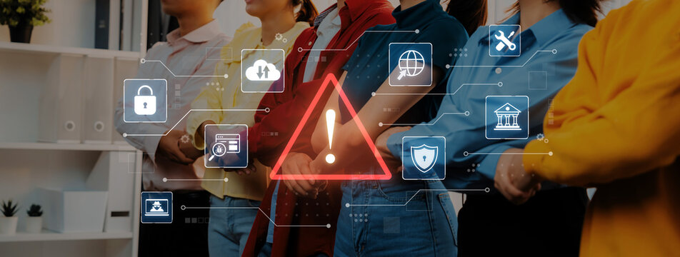 Exclamation alert symbol in digital system network reflecting AI threat, virus, and risk detection. Corpus