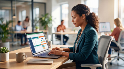 Fototapeta premium HR officer working on laptop in modern office space for Human Resource day. Professional woman managing company employee talent data and recruitment processes for business development