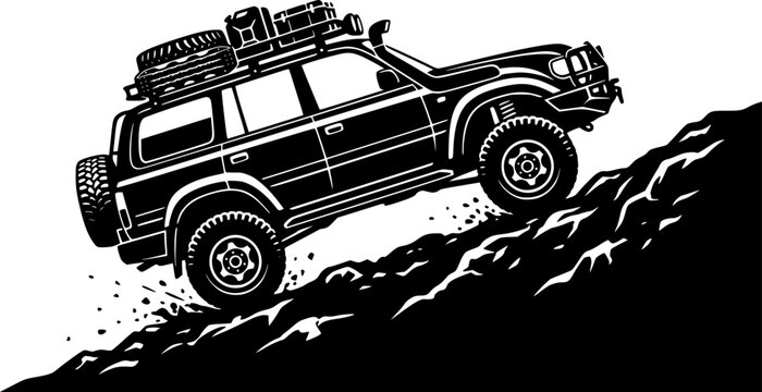 Offroad 4x4 SUV Silhouette Vector. Rugged Truck Climbing Hill, Adventure Overland and Travel Graphic Resource Isolated on White Background