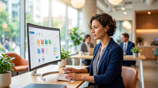 Woman HR officer working on computer in office. Professional manager managing recruitment data and employee documents. Human resource management software interface for corporate HR day