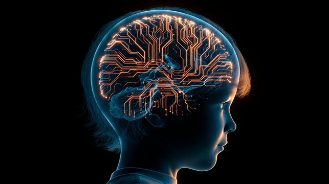 A child's developing brain glows with branching circuits inside a translucent head silhouette, dark studio background, thoughtful and hopeful mood, gentle blue and amber light, close-up composition.