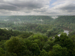 Fototapeta premium Misty hills roll beneath a cloudy, heavy sky. Lush green trees blanket the valley floor. Fog drifts between forested slopes and distant ridgelines. Quiet, wild landscape invites stillness