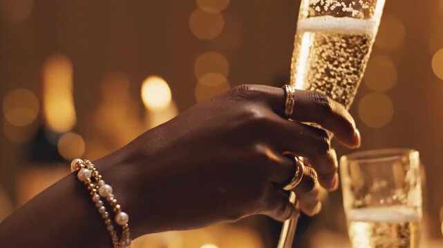 Hand adorned with pearl bracelet and rings holding a flute of champagne
