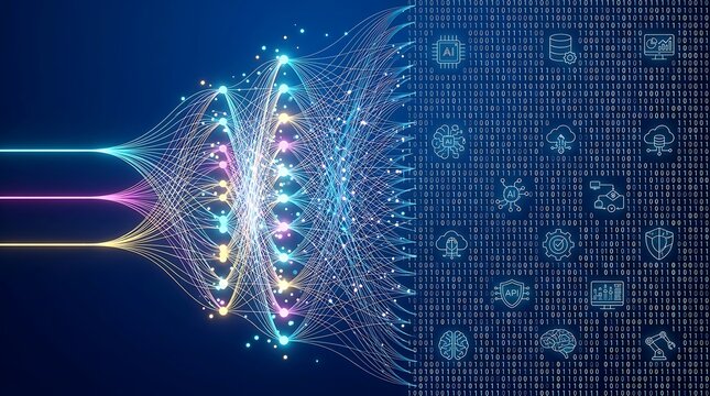 Abstract neural network data flow with AI icons and binary code, representing machine learning and artificial intelligence processing complex information.