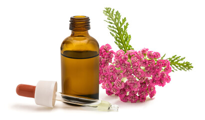 Yarrow Flowers with Dropper Bottle Isolated on White Background © Scisetti Alfio