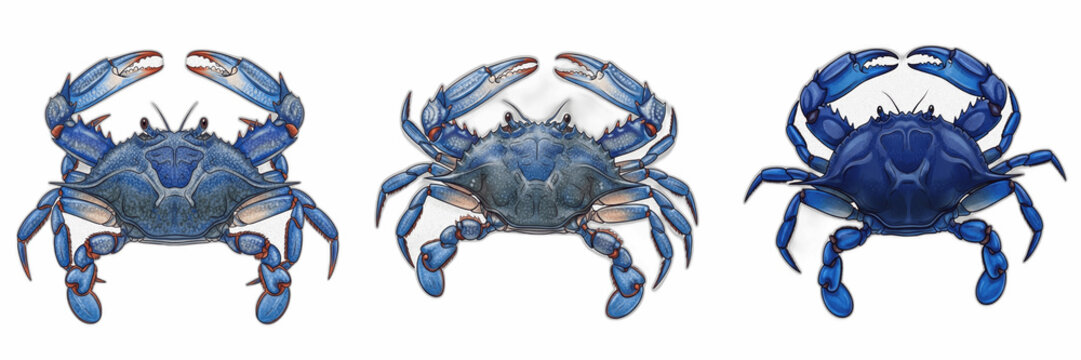Set of Three Blue Crab Illustrations Isolated on White Background for Marine Life Graphic Design, Seafood Restaurant Branding, Educational Projects, and Nature-Inspired Art Assets.