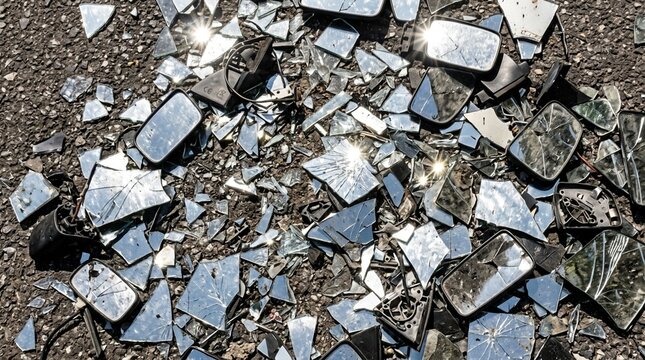 Broken car side mirror fragments and pieces scattered on asphalt ground