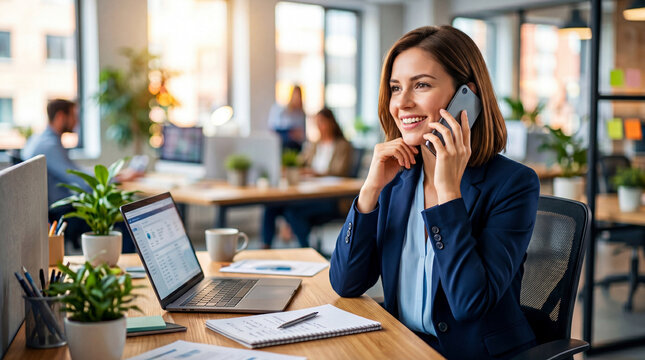 Woman hr manager talking on mobile phone in modern office. Corporate professional smiling while working at table with laptop and notebook. Human resource department business concept