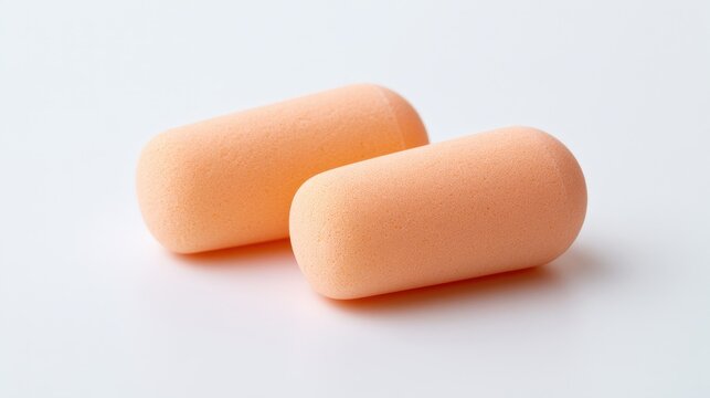 Two orange foam earplugs resting on a white surface in a simple layout