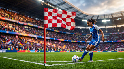 Naklejka premium Soccer player woman kicking ball from corner flag on stadium pitch. Female athlete practicing game strategy during match. Professional sport competition and active lifestyle concept