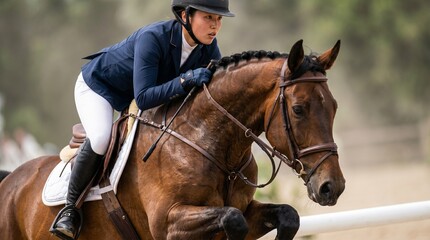 Obraz premium Equestrian athlete jumping obstacle on horse during competition elegance precision speed equestrian sport performance concept.