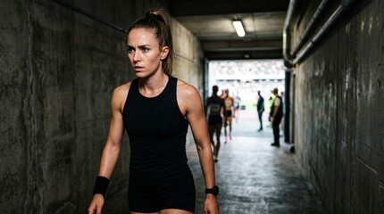Fototapeta premium Focused athlete in stadium tunnel before race mental preparation concentration determination pre competition moment sports performance concept.