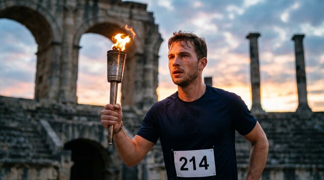 Athlete holding lit sports torch at sunrise in monumental setting symbol of unity tradition heritage global event performance concept.