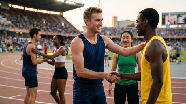 Athlete greeting international competitors after event sportsmanship respect unity global competition friendship performance concept.