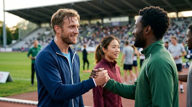 Athlete greeting international competitors after event sportsmanship respect unity global competition friendship performance concept.